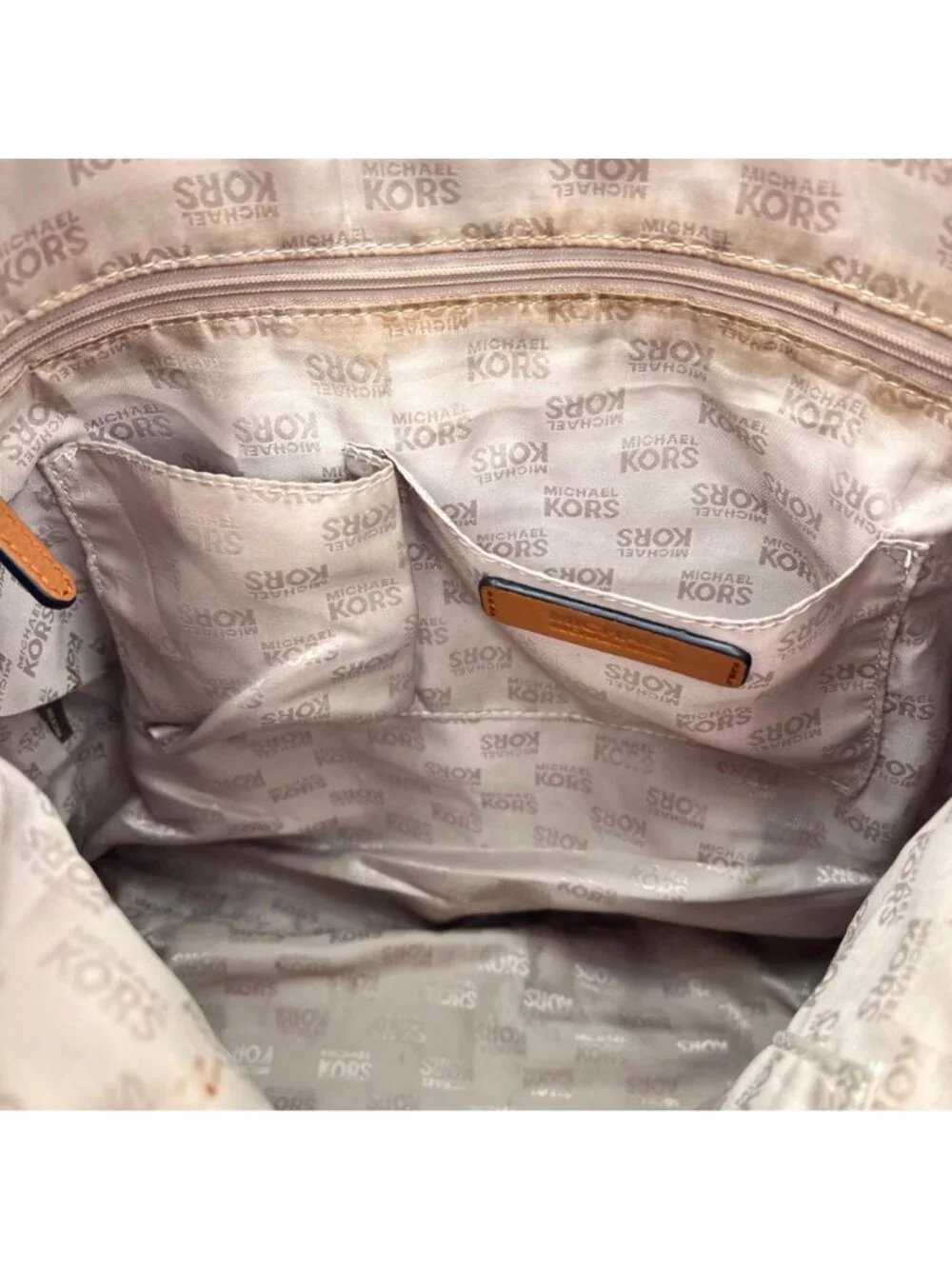 Michael Kors MK Logo Canvas Tote Bag Adjustable Leather Straps Beige Brown Gold